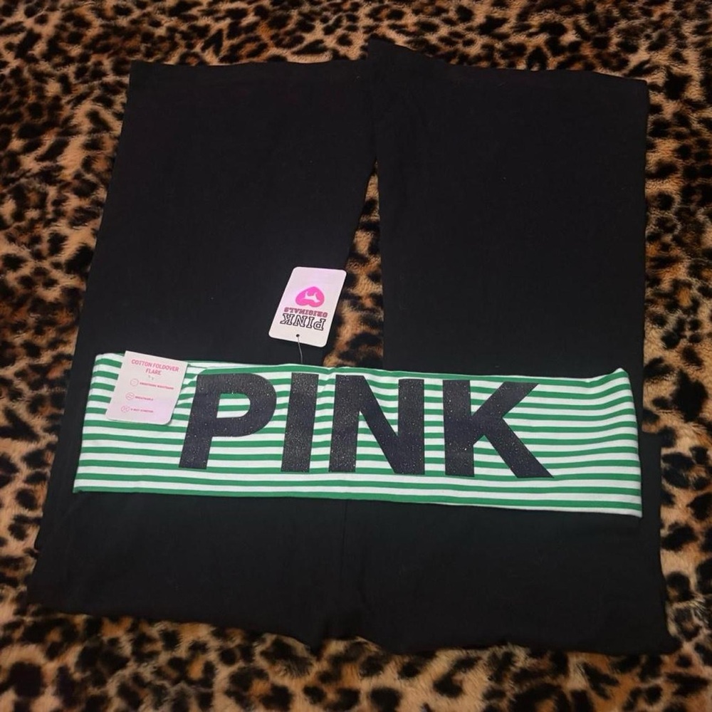 PINK Victoria's Secret Black and Green striped fold over Leggings - Picture 3 of 5